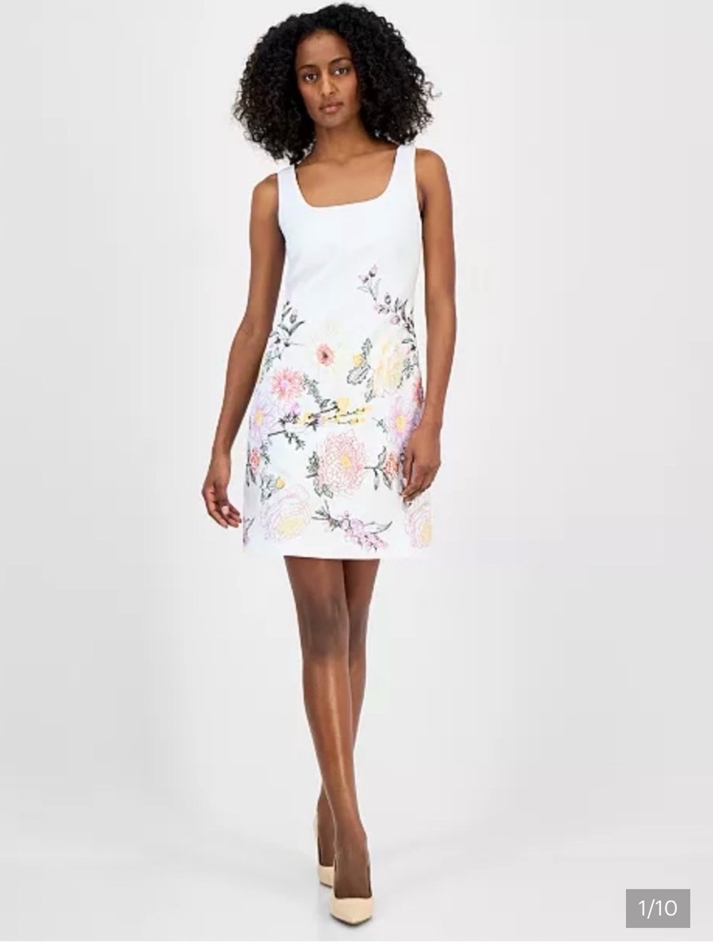 Tahari ASL White Mini dress with Pink & Yellow Floral Embroidery